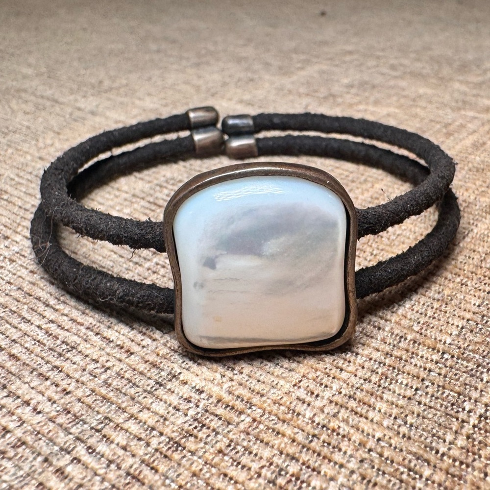 Mother of Pearl Square Stone Black Wrapped Cord Bracelet